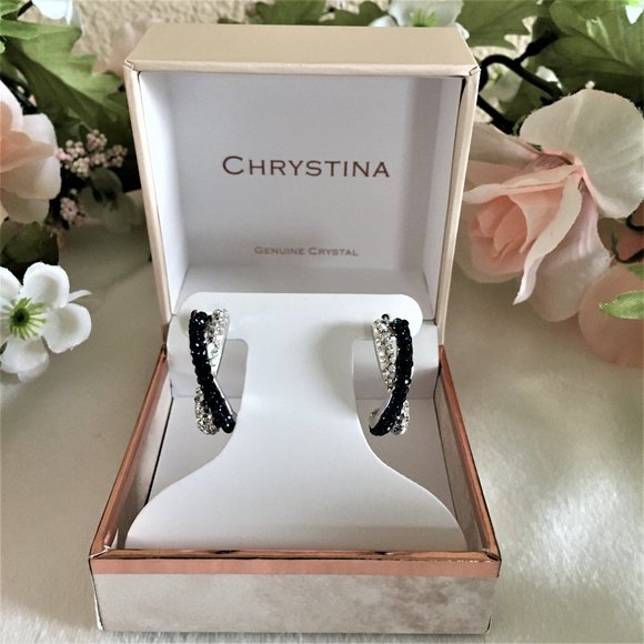 CHRYSTINA Blue & Clear Crystal C Hoop Earrings - Picture 1 of 3